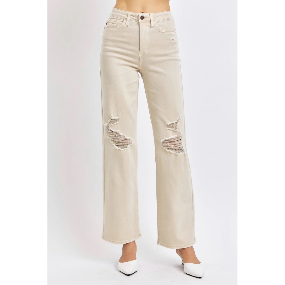 Judy Blue Bone High Waisted Distressed Straight Leg Jeans JB88823 Cream Womens